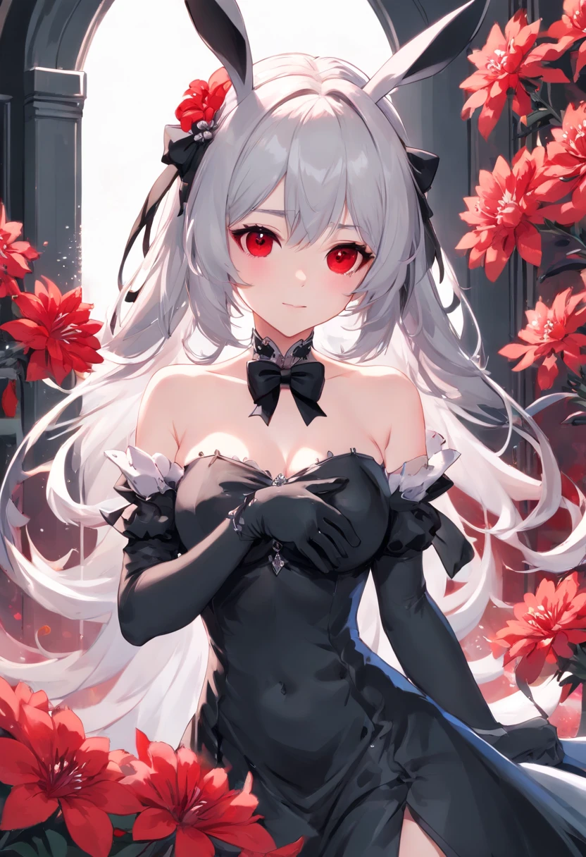(Highly detailed), ((Masterpiece)),(Impasto), Intricate, Ecclesiastical painting,(((1 girl))) , picture frame, Fantasy ,(Monochrome girl:1.5), (against the background of red flowers:1.5),NSFW, Sexy rabbit outfit,1girl, big breastes, naked breasts, 独奏, red eyes, gloves, flower, Long hair, animal ears, holding, looking a viewer, black gloves, partially fingerless gloves, upper-body, bare shoulders, bunny ears, Bangs, red flower, white colored hair, Red dress, holding flower, mask, black bow, Dress, shoulder cutout, bow, Hair between the eyes, parted lips, Wavy Hair, hair ornament, petals, one eye covered, black nails, Hair Bow,Fantasy, Intricate, elegant, Highly detailed, Digital Painting, Artstation, Concept art, Matte, Clear Focus, Illus