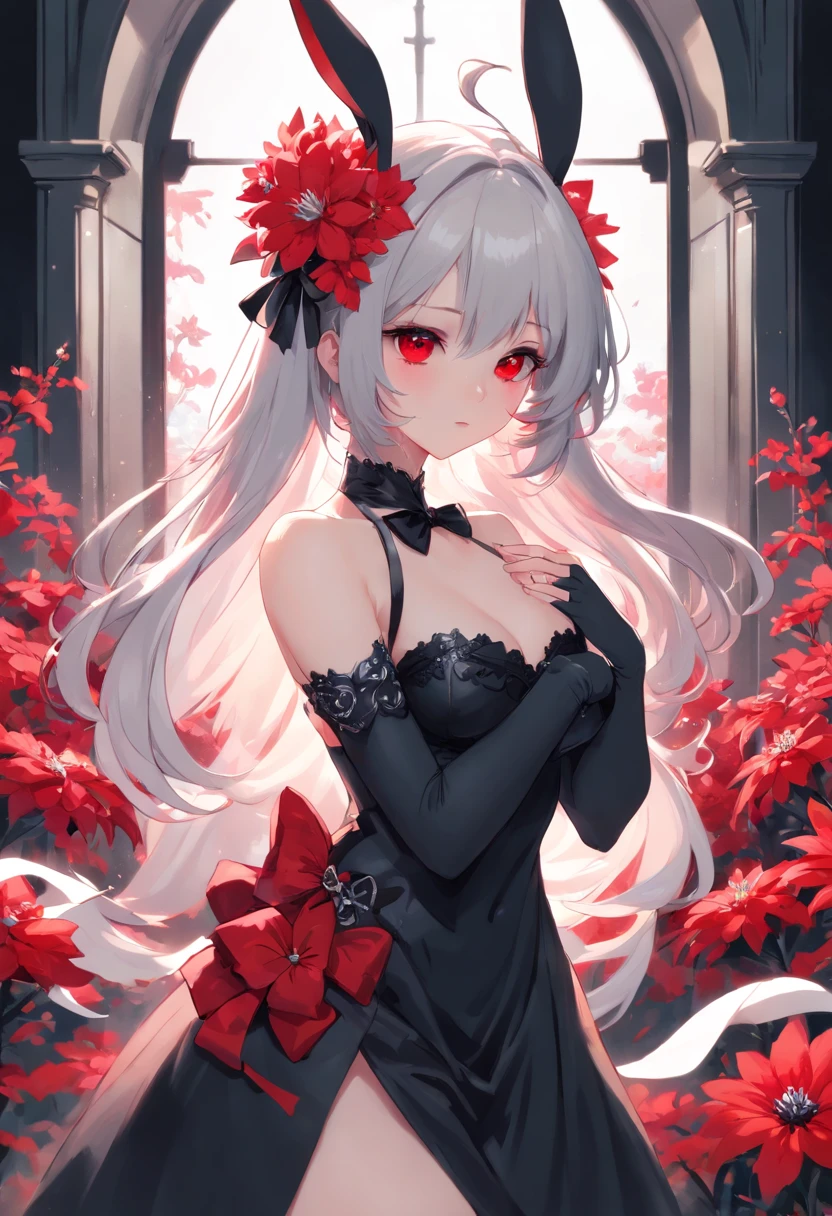 (Highly detailed), ((Masterpiece)),(Impasto), Intricate, Ecclesiastical painting,(((1 girl))) , picture frame, Fantasy ,(Monochrome girl:1.5), (against the background of red flowers:1.5),NSFW, Sexy rabbit outfit,1girl, big breastes, naked breasts, 独奏, red eyes, gloves, flower, Long hair, animal ears, holding, looking a viewer, black gloves, partially fingerless gloves, upper-body, bare shoulders, bunny ears, Bangs, red flower, white colored hair, Red dress, holding flower, mask, black bow, Dress, shoulder cutout, bow, Hair between the eyes, parted lips, Wavy Hair, hair ornament, petals, one eye covered, black nails, Hair Bow,Fantasy, Intricate, elegant, Highly detailed, Digital Painting, Artstation, Concept art, Matte, Clear Focus, Illus