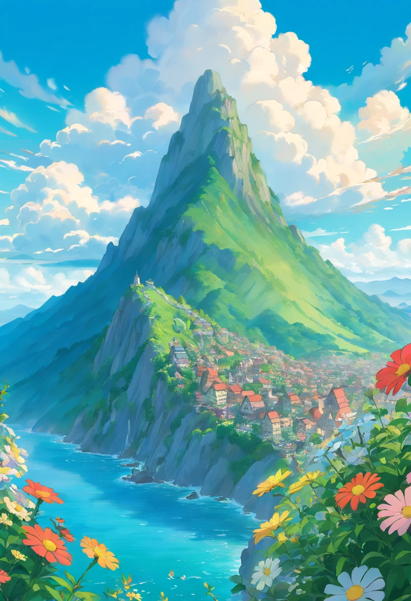 illustration,Original Painting,cartoon,Blue sky and white clouds,Sea of Flowers,Green Mountains,Canon EOS 80D,intricate details,cinematic light,8k