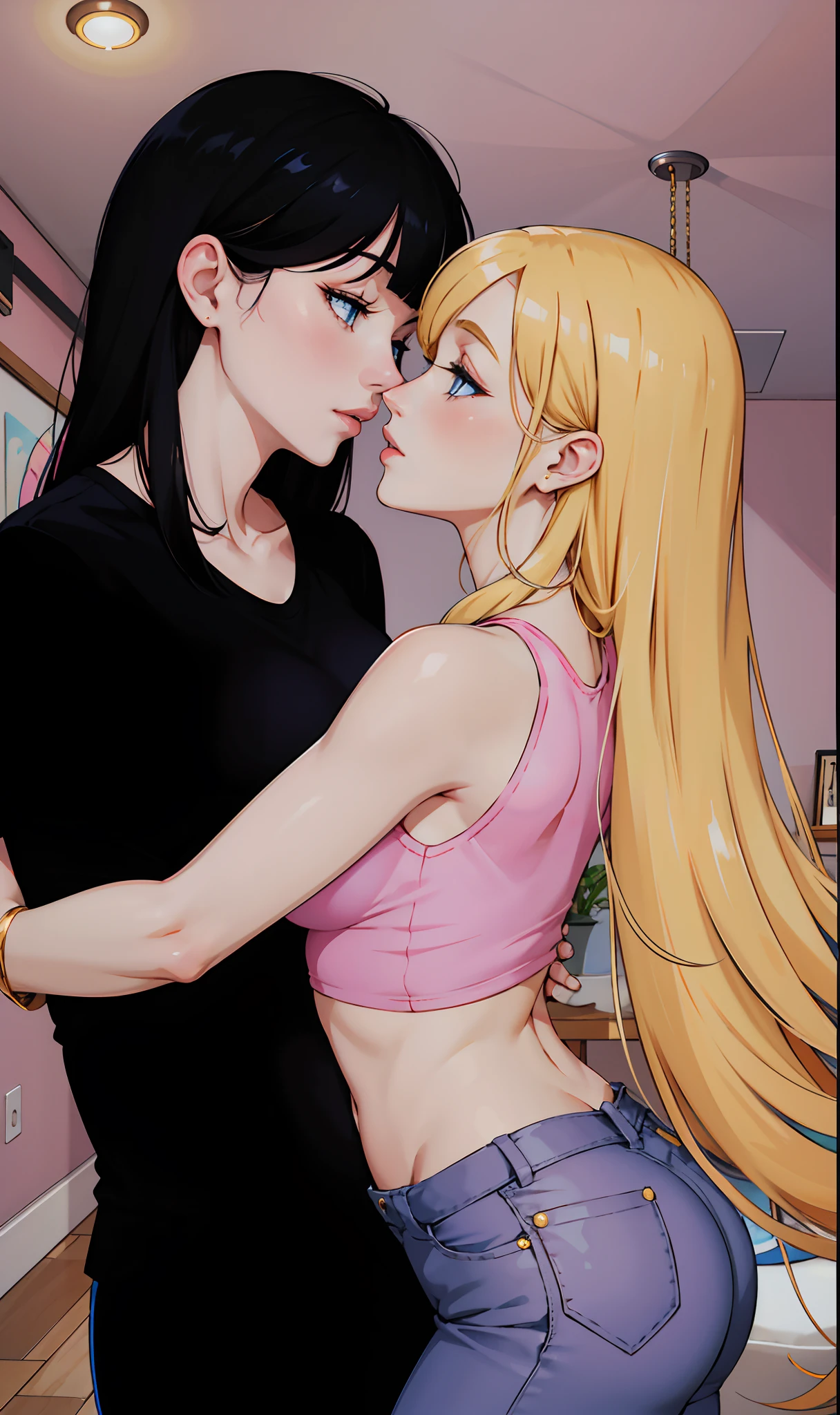 Girl with black hair with bangs, pale skin, black clothes, and a blonde girl with blue eyes and pink top and blue pants