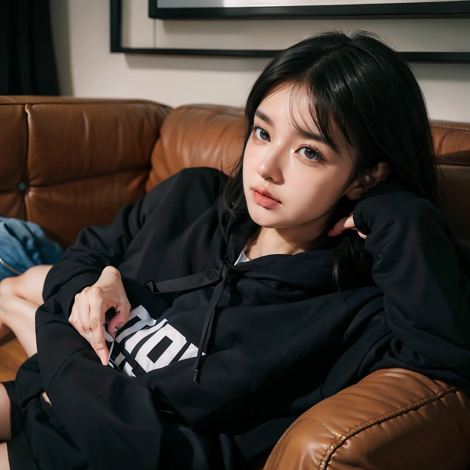 Beautiful girl with a round face and trimmed black hair, A girl sits across from a man, The girl speaks emotionally, The girl gesticulates with her hands, Girl in an oversized hoodie and shorts, Girl sitting on the couch, The man is dressed in a shirt and tie, Girl Eye color black Without accessories Mid-plan on the side