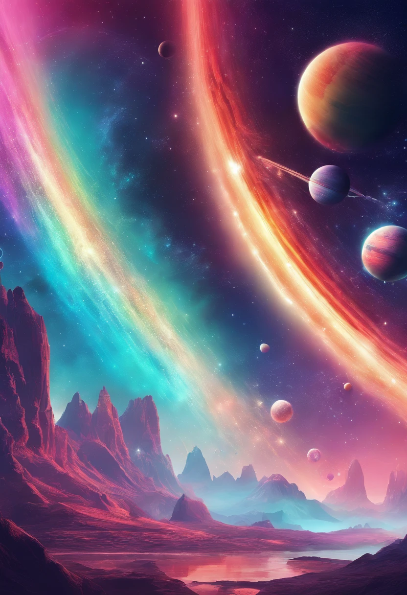 phantastic landscape on a foreign planet, a bright rainbow and planets with rings in the sky