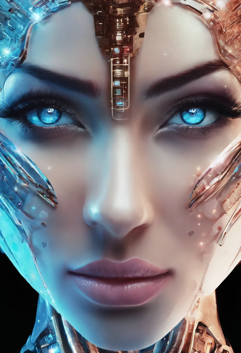 create a image of a beautiful women,half machine half human