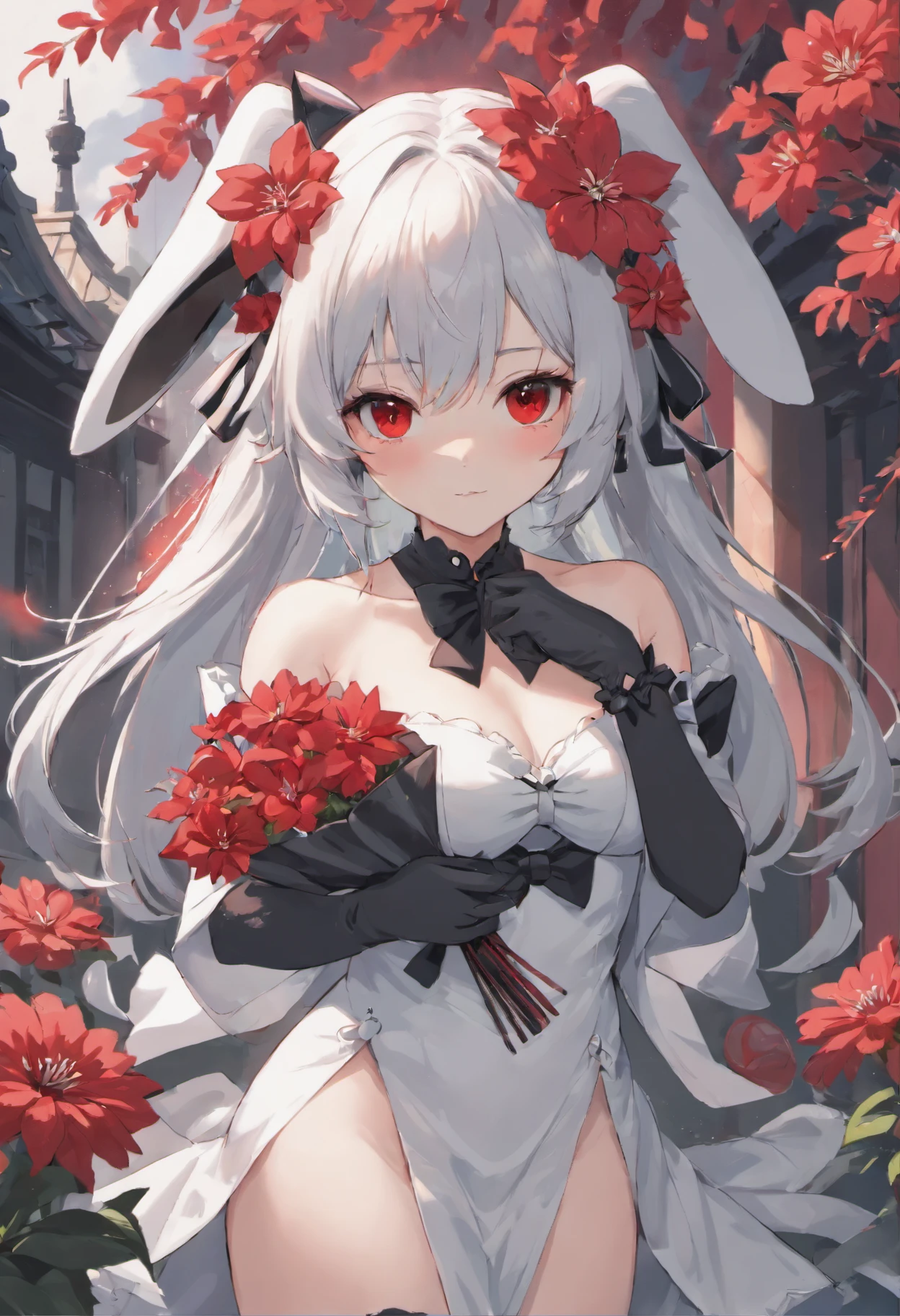 (Highly detailed), ((Masterpiece)),(Impasto), Intricate, Ecclesiastical painting,(((1 girl))) , picture frame, Fantasy ,(Monochrome girl:1.5), (against the background of red flowers:1.5),NSFW, Sexy rabbit outfit,1girl, big breastes, naked breasts, 独奏, red eyes, gloves, flower, Long hair, animal ears, holding, looking a viewer, black gloves, partially fingerless gloves, upper-body, bare shoulders, bunny ears, Bangs, red flower, white colored hair, Red dress, holding flower, mask, black bow, Dress, shoulder cutout, bow, Hair between the eyes, parted lips, Wavy Hair, hair ornament, petals, one eye covered, black nails, Hair Bow,Fantasy, Intricate, elegant, Highly detailed, Digital Painting, Artstation, Concept art, Matte, Clear Focus, Illus