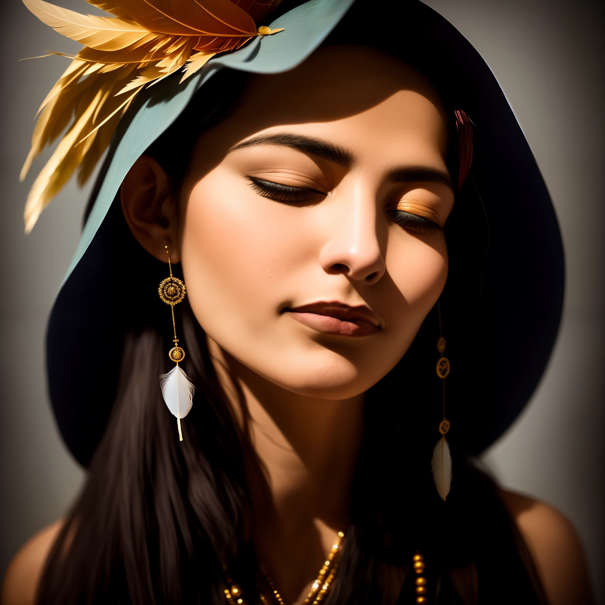 a close up of a person with a feather on their head, indian god, attractive male deity, color photograph portrait 4k, coy expression wearing intricate, an exhausted deity, serene expression, regal and menacing visage, his head covered in jewels, a stunning portrait of a goddess, peaceful expression, portrait of a beautiful goddess, closeup portrait shot, stylish deity