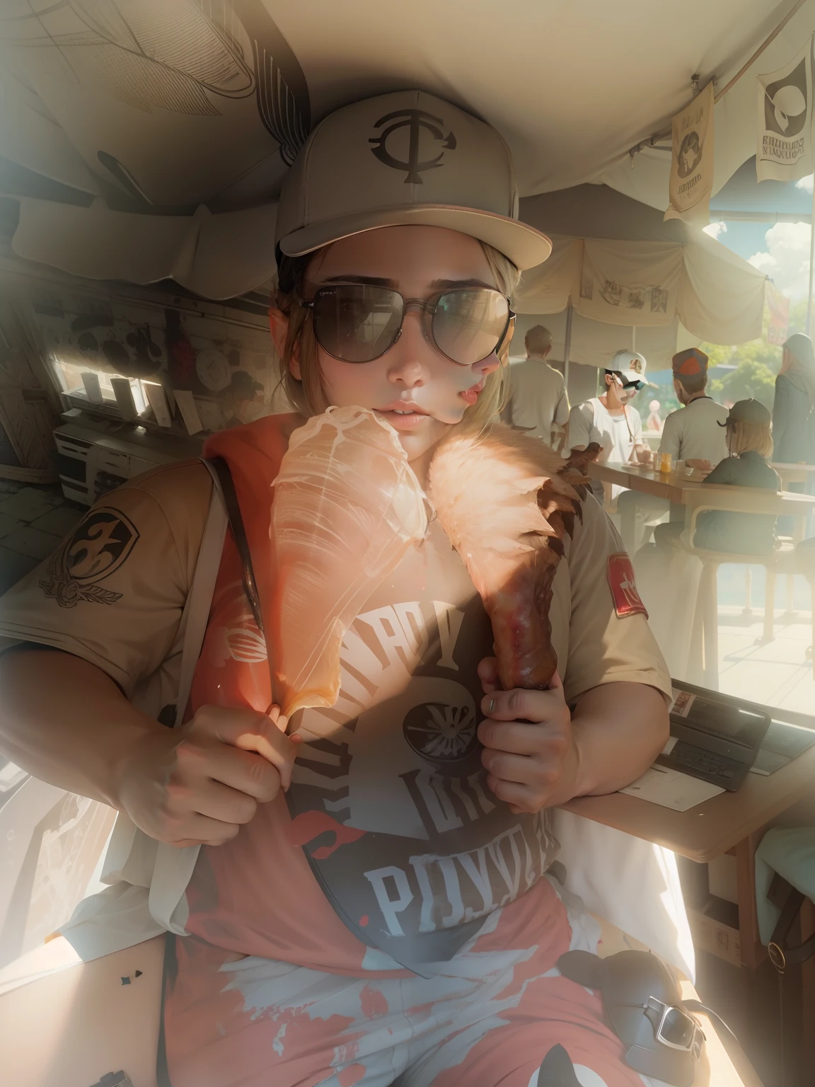 Anime, hand hold 2 turkey leg, black sun glasses, cap hat