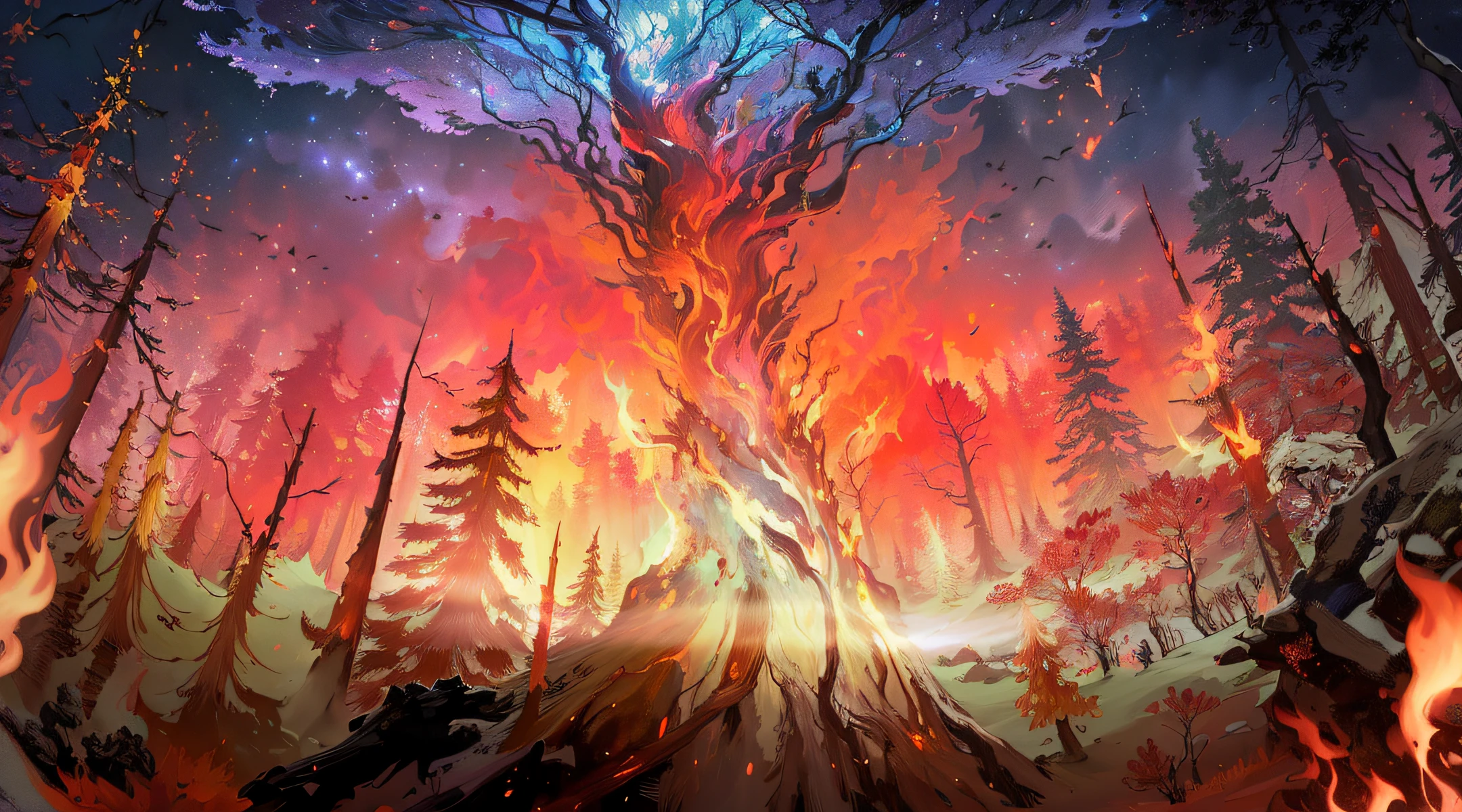 flames are burning in a forest with a tree in the background, background artwork, pyre, background art, burning forest, colorful concept art, from bravely default ii, official artwork, a flaming forest, stunning arcanum backdrop, cosmic tree, the forest is on fire, colorful otherworldly trees, onmyoji detailed art, burning trees, guildwar artwork