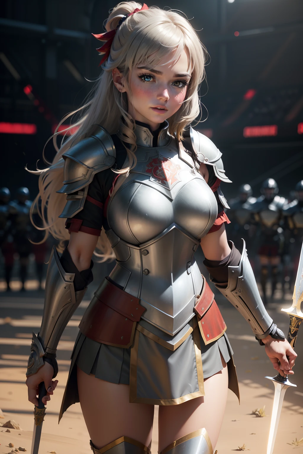 Junior Centurion Warrior, Red and gray armor, Men and women work together, Men and women side by side, cheerfulness, Female Warrior, ultra - detailed, 8K, Unreal Engine 5, celebrating, Beautiful anime style girl all over, clean detailed faces, underdressing, analogous colors, Glowing shadow, beautiful gradation, Depth of field, Clean image, Football field setting, High quality, High detail, High definition, Luminous Studio graphics engine, Cute face, Heroic, sword, victory, full bodyesbian, Extremely detailed face, Bright eyes, Beautiful girl, fantasy, complimentary colours, insanely detailed and intricate, Ultra photo realsisim, Super detailed, Ultra HD, Vivid, Low angle