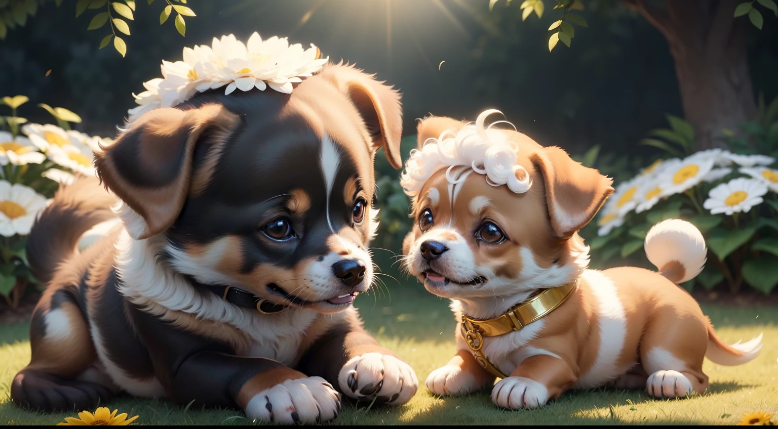 Uma imagem de um cachorrinho dourado, o Max, with bright eyes and a caring expression, olhando para um sorridente, o Miguel, who is reaching out to caress his head. They are on a sunny lawn, cercados por flores coloridas.