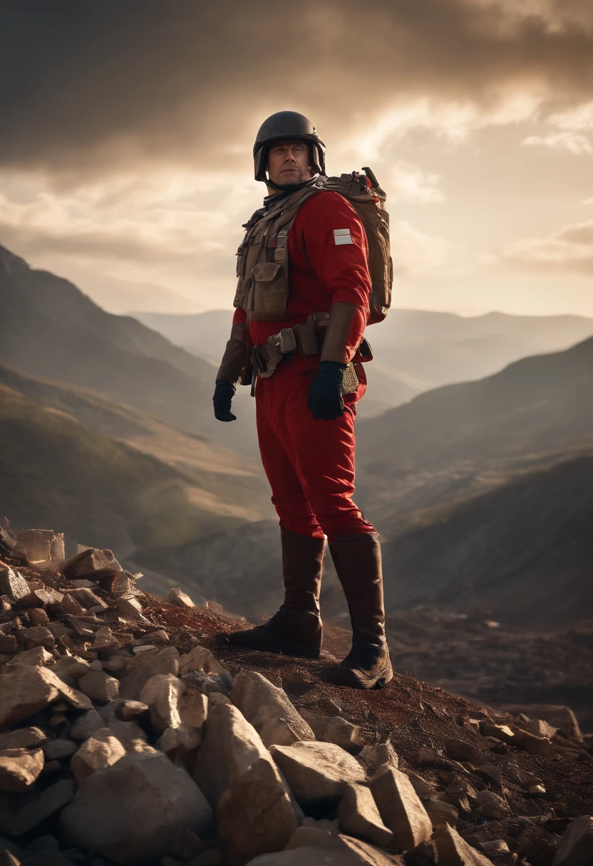 (best quality,4k,8k,highres,masterpiece:1.2),ultra-detailed,(realistic,photorealistic,photo-realistic:1.5), 1man solo, standing atop, mountain of rubble, billowing uniform, red and white uniform, wind, clean backdrop, debris, detailed insignia, striking pose, determined expression, rugged landscape, majestic background scenery, sunlight casting long shadows, vivid colors, sharp focus