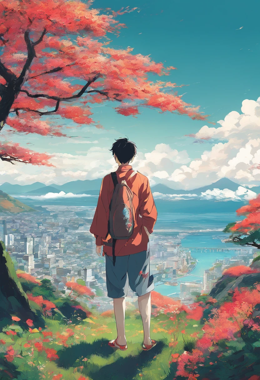 a man is standing in a grassy area along the ocean, in the style of marko manev, josef kote, scarlett hooft graafland, national geographic photo, grandeur of scale, mountainous vistas, candid shots of famous figures Best quality, masterpiece, ultra high resolution original photo 8K Realistic Photography Nikon Camera D850