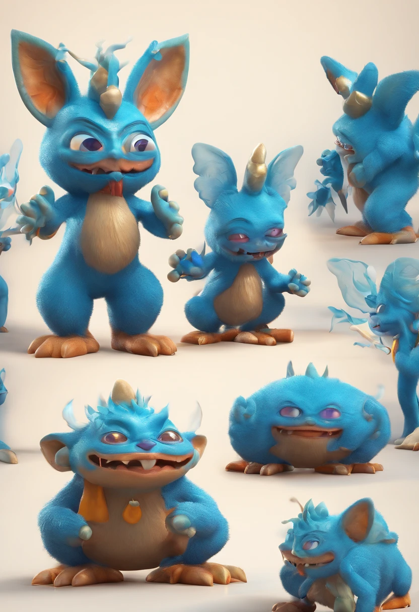 (((caricature+The vibrant+cheery+cartoonish style))), Blue ape-like creature in the forest. 3D Rendering. A creature with sharp teeth, large nose and pointed ears.