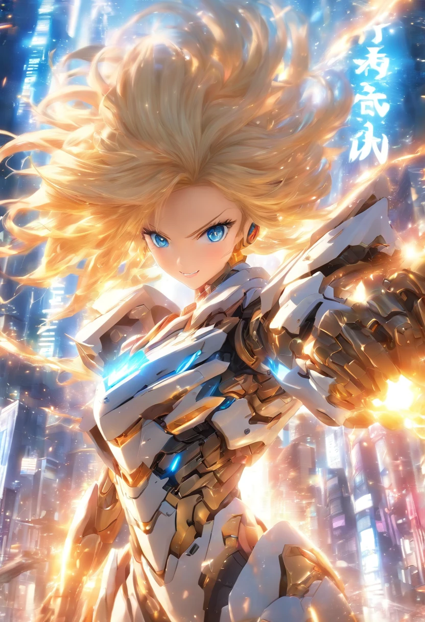 best quality, ultra detailed 8k cg render, masterpiece, high resolution, extremely detailed,
1 girl, solo, , blond hair, wavy long hair, blue eyes, full body, fighting pose, flying, (small breasts:1.2), big smile,
bare shoulder, glow white, mecha musume, mechanical leg, headgear, yellow armor, in SFcity