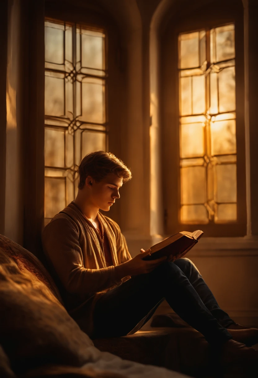 Create an extremely realistic depiction of a young man sitting under the golden light of a window, holding the Bible open as it deeply absorbs the sacred words in its pages.