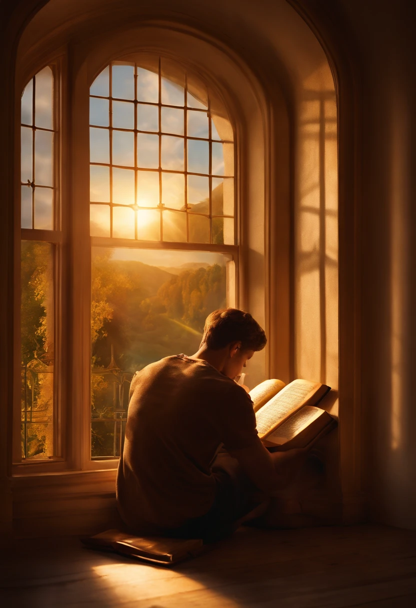Create an extremely realistic depiction of a young man sitting under the golden light of a window, holding the Bible open as it deeply absorbs the sacred words in its pages.