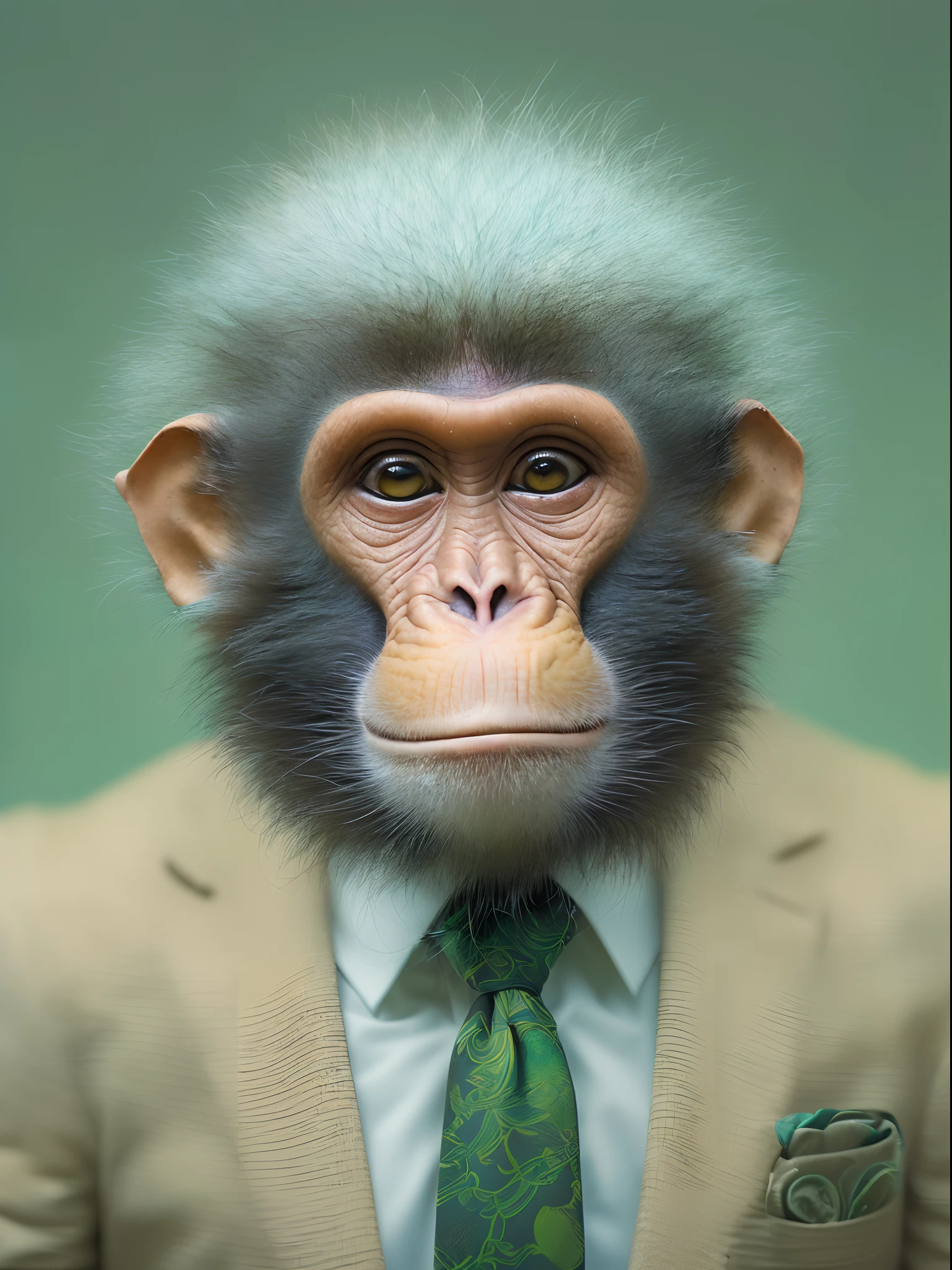 ((best quality)) , ((masterpiece)) , (detailed) , portrait, Proud,close up of a Voluminous (1 monkey, wearing a suit:1.2) , Playing ??????, at Overcast, soft focus, Overdetailed art, Embarrassing, Decopunk, Beautifully Lit, F/2.8, Kodak Ektar, Black and DayGlo fractal art, Mint green outlines, contest winner, award winning, 8k resolution