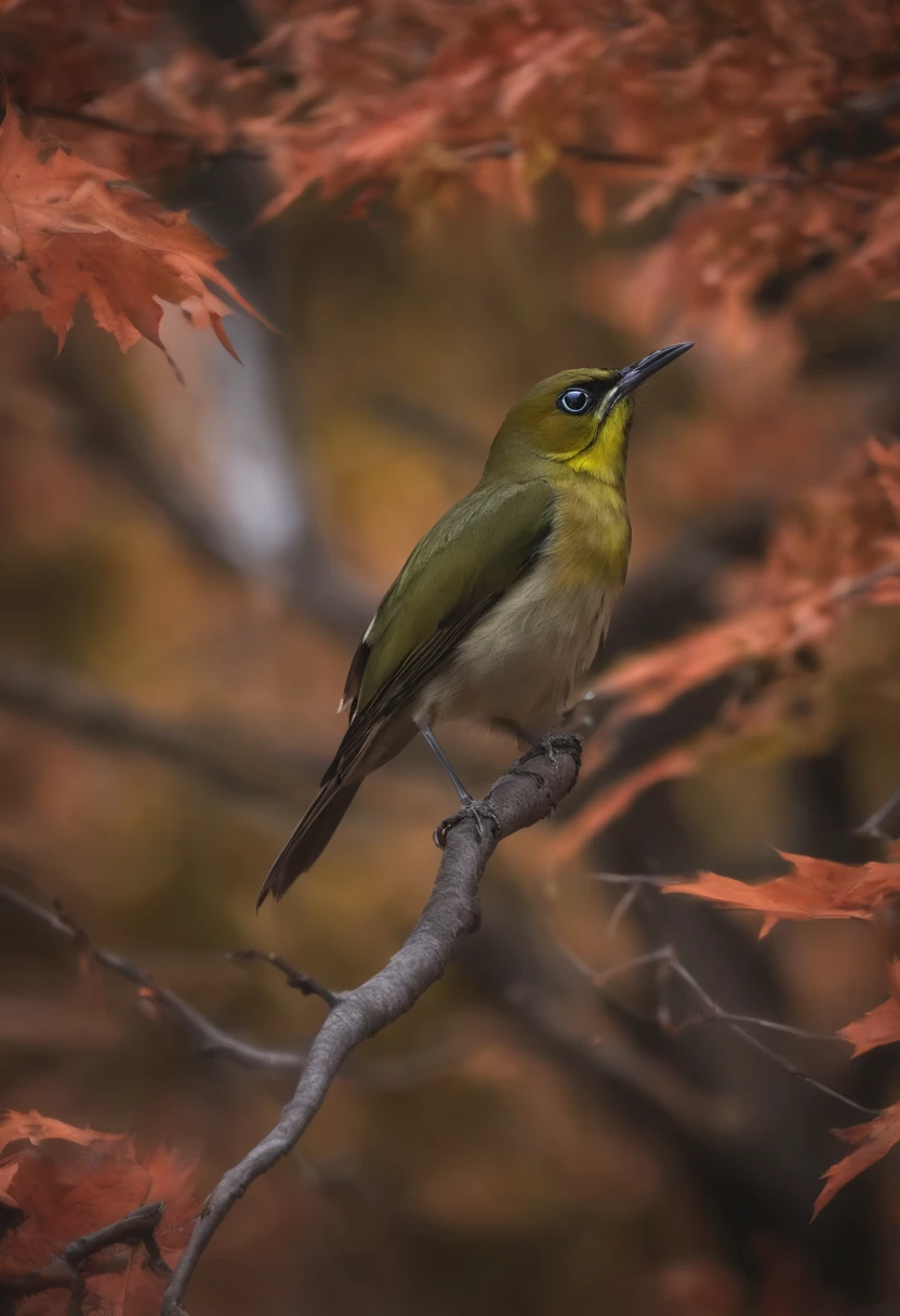 Two super cute green white-eye birds spread their wings and fly in the autumn maple leaves, maple red, flying birds, beautiful scenery, autumn, red maples flying, Bird long shot tracking photography