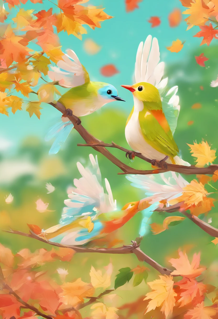 Two super cute green white-eye birds spread their wings and fly in the autumn maple leaves, maple red, flying birds, beautiful scenery, autumn, red maples flying, Bird long shot tracking photography