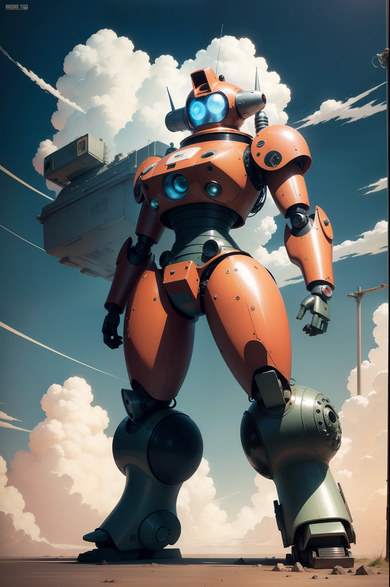 60´s Anime style robot made from Tank Parts. in the style of 90's vintage anime, surrealism, akira. anime line art.