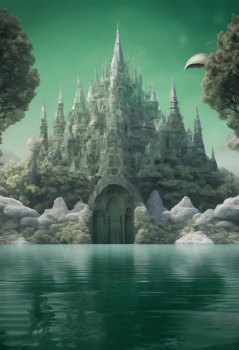 the picture shows a crown flying over a lake,UE5,OCTAN,C4D, in the style of futuristic organic, dark silver and light green, kodak ultramax, historical illustration, lunarpunk, gigantic scale, wide angle lens