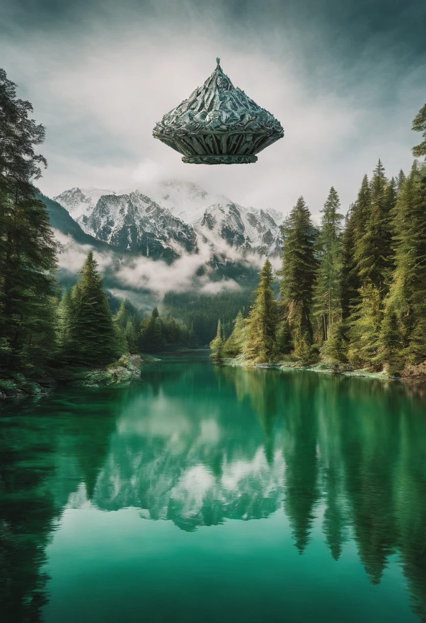 the picture shows a crown flying over a lake,UE5,OCTAN,C4D, in the style of futuristic organic, dark silver and light green, kodak ultramax, historical illustration, lunarpunk, gigantic scale, wide angle lens