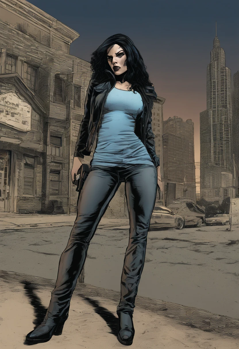 gta 5 poster featuring a stunning woman protagonist with gorgeous long black hair, heavy-top torso, curvaceous, bulbous, curves, in her 40s, wearing a stunning ice blue sleeveless outfit, in the style of a Grand Theft Auto loading screen, full body height portrait, GTA style artwork, highly detailed, cel shading, digital painting style, 21st century comic book cover, studio lighting, miami background