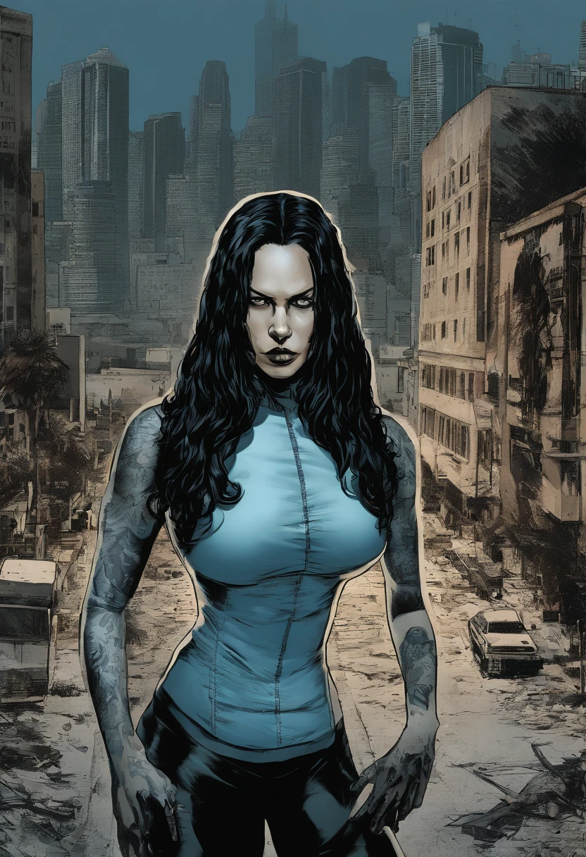 gta 5 poster featuring a stunning woman protagonist with gorgeous long black hair, heavy-top torso, curvaceous, bulbous, curves, in her 40s, wearing a stunning ice blue sleeveless outfit, in the style of a Grand Theft Auto loading screen, full body height portrait, GTA style artwork, highly detailed, cel shading, digital painting style, 21st century comic book cover, studio lighting, miami background