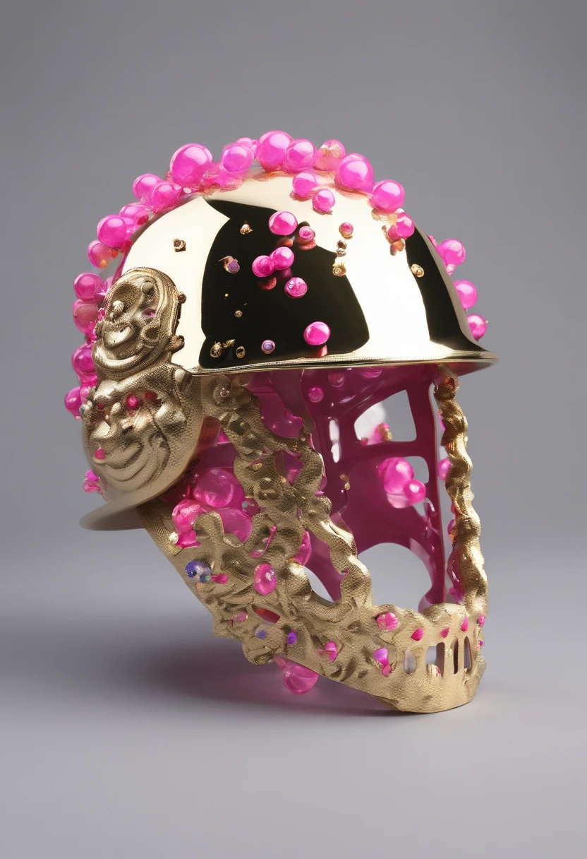 jelly helmet with pink jelly virus bubbles, black color, year 2068, polished gold effect, ultra-realistic, Blender, raytracing, Vray, Grasshopper, 16K