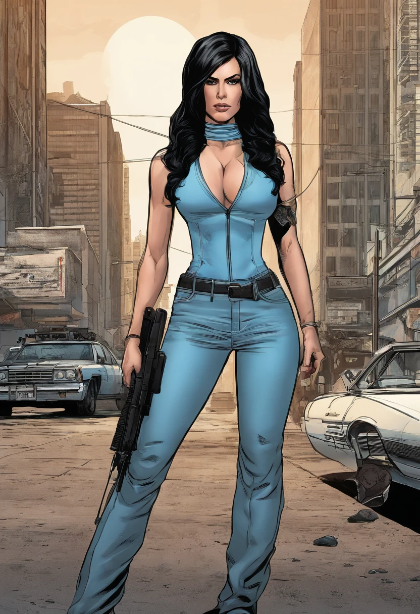 gta 5 poster featuring a stunning woman protagonist with gorgeous long black hair, heavy-top torso, curvaceous, bulbous, curves, in her 40s, wearing a stunning ice blue sleeveless outfit, in the style of a Grand Theft Auto loading screen, full body height portrait, GTA style artwork, highly detailed, cel shading, digital painting style, 21st century comic book cover, studio lighting, miami background
