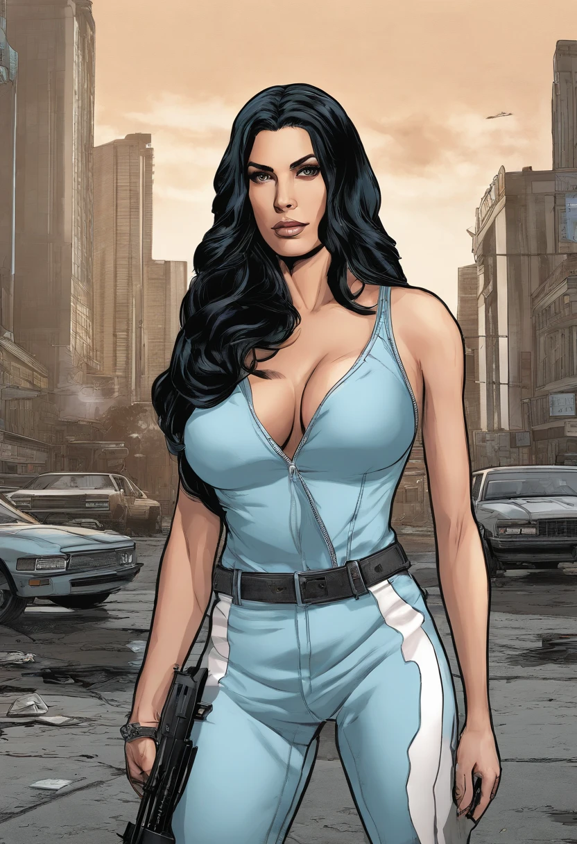 gta 5 poster featuring a stunning woman protagonist with gorgeous long black hair, heavy-top torso, curvaceous, bulbous, curves, in her 40s, wearing a stunning ice blue sleeveless outfit, in the style of a Grand Theft Auto loading screen, full body height portrait, GTA style artwork, highly detailed, cel shading, digital painting style, 21st century comic book cover, studio lighting, miami background