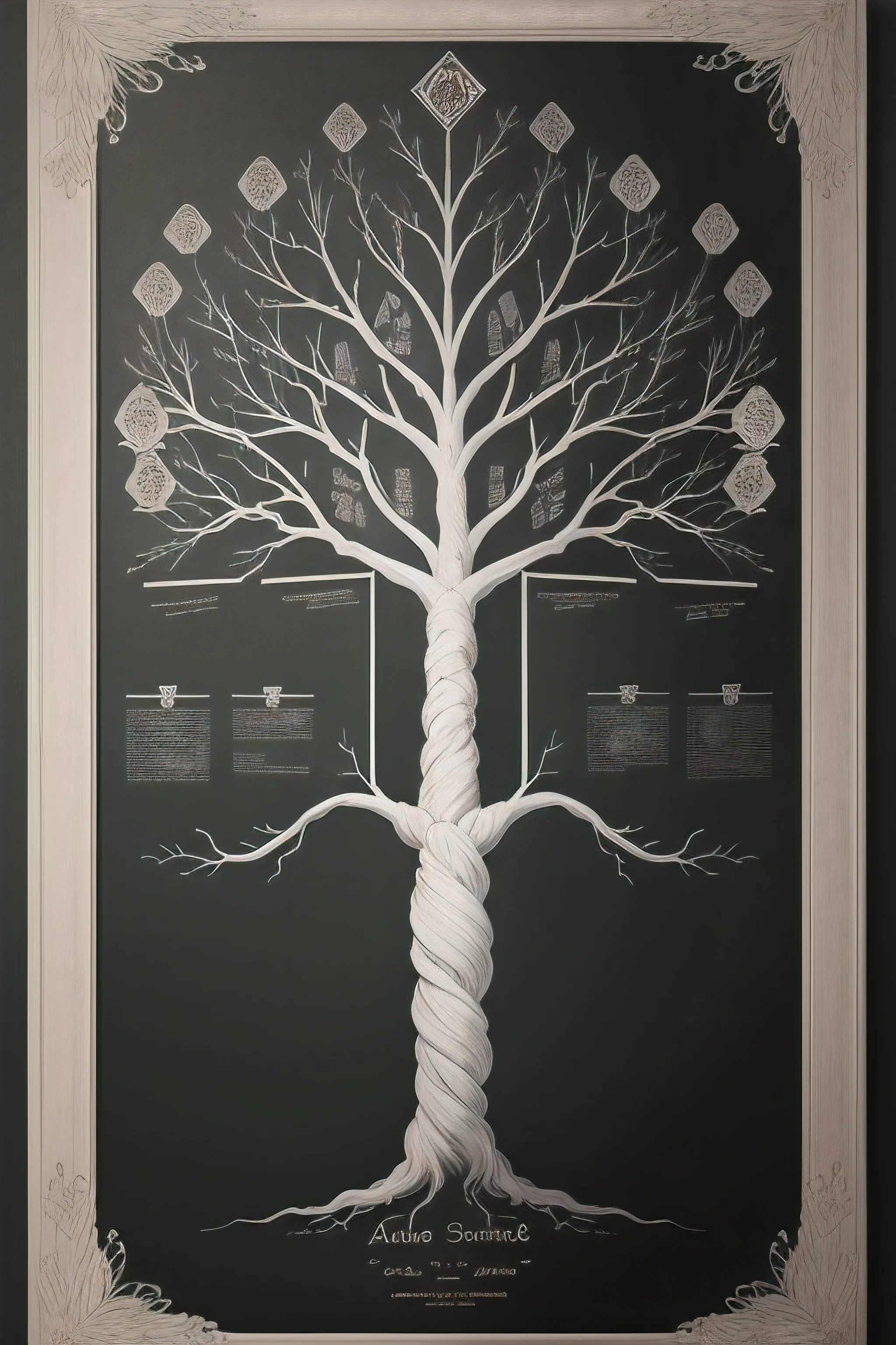 a single family tree style tree with x-ray vision roots, white chalk-style stroke and blackboard-style background