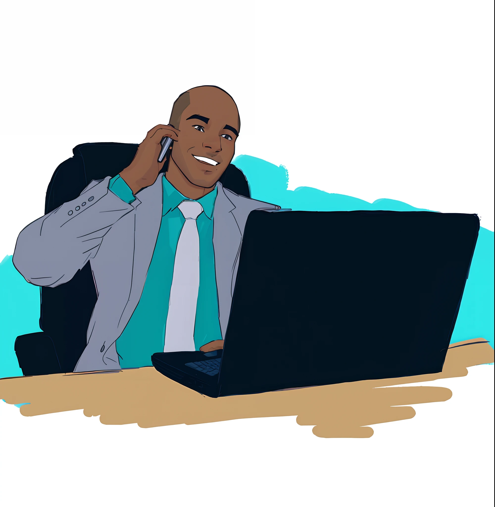 desenho animado de um homem sentado em uma mesa falando em um telefone celular, professional illustration, professional illustration, sentado em sua mesa, commercial illustration, sentado em frente ao computador, stylized digital illustration, digital illustration -, illustration", simple illustration, High quality illustration, official illustration, digital character illustration, digital illustation, working in an office, Cartoon style illustration