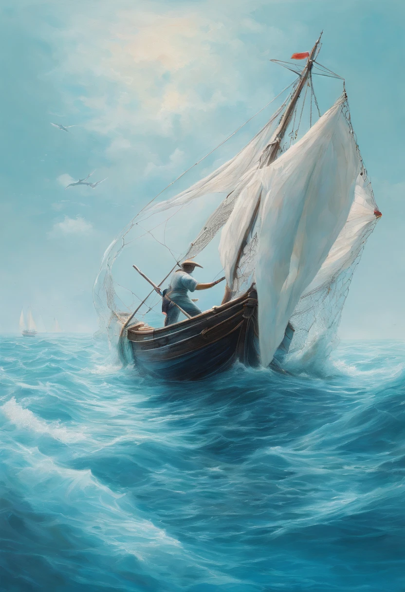 Meticulous painting , soft gradient landscape painting, cyan blue , a fisherman casts a net on the water ，8K