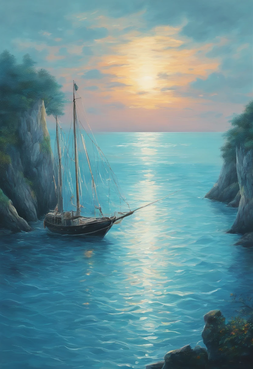 Meticulous painting , soft gradient landscape painting, cyan blue , a fisherman casts a net on the water ,8K