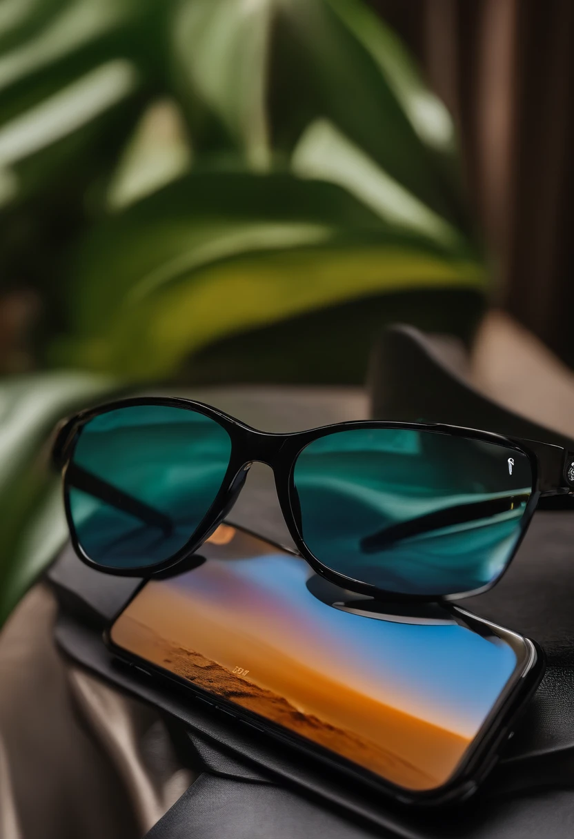 Um smartphone samsung S20 em cima de uma mesa preta, next to a Ray Ban glasses