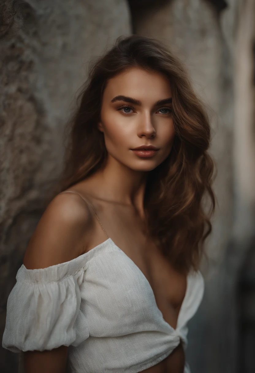 Femme arafed avec de longs cheveux et un haut blanc debout devant un mur de pierre, fille aux cheveux bruns, Elle a environ 1 6 ans, Pokimane, cheveux fluides debout sur un rocher, aux cheveux longs, jeune belle femme, soft portrait shot 8 k, Anna Nikonova alias Newmilky, Alina Ivanchenko, Photo de la jeune femme