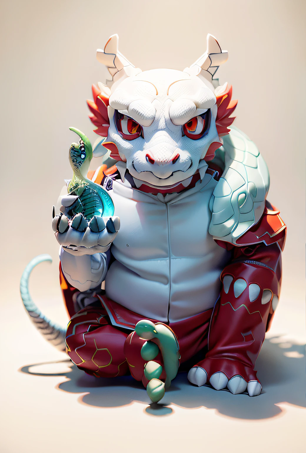 ((White background)) (8K, RAW photo, Best quality, Masterpiece),(photon maping, Radio City, Physically-based rendering, automatic white balance),CG,Unity,offcial art,Amazing,finedetail,Extremely Delicately Beautiful,Extremely detailed,a 3D render,C4D,blender,octanerender,
popular toys, a blind box toy, Disney style,There is a seated basilisk,He had a snake wrapped around his back,Hold the DNA in your right hand, mythological creatures.red pupils,(Light yellow-white color scheme,Whitish)