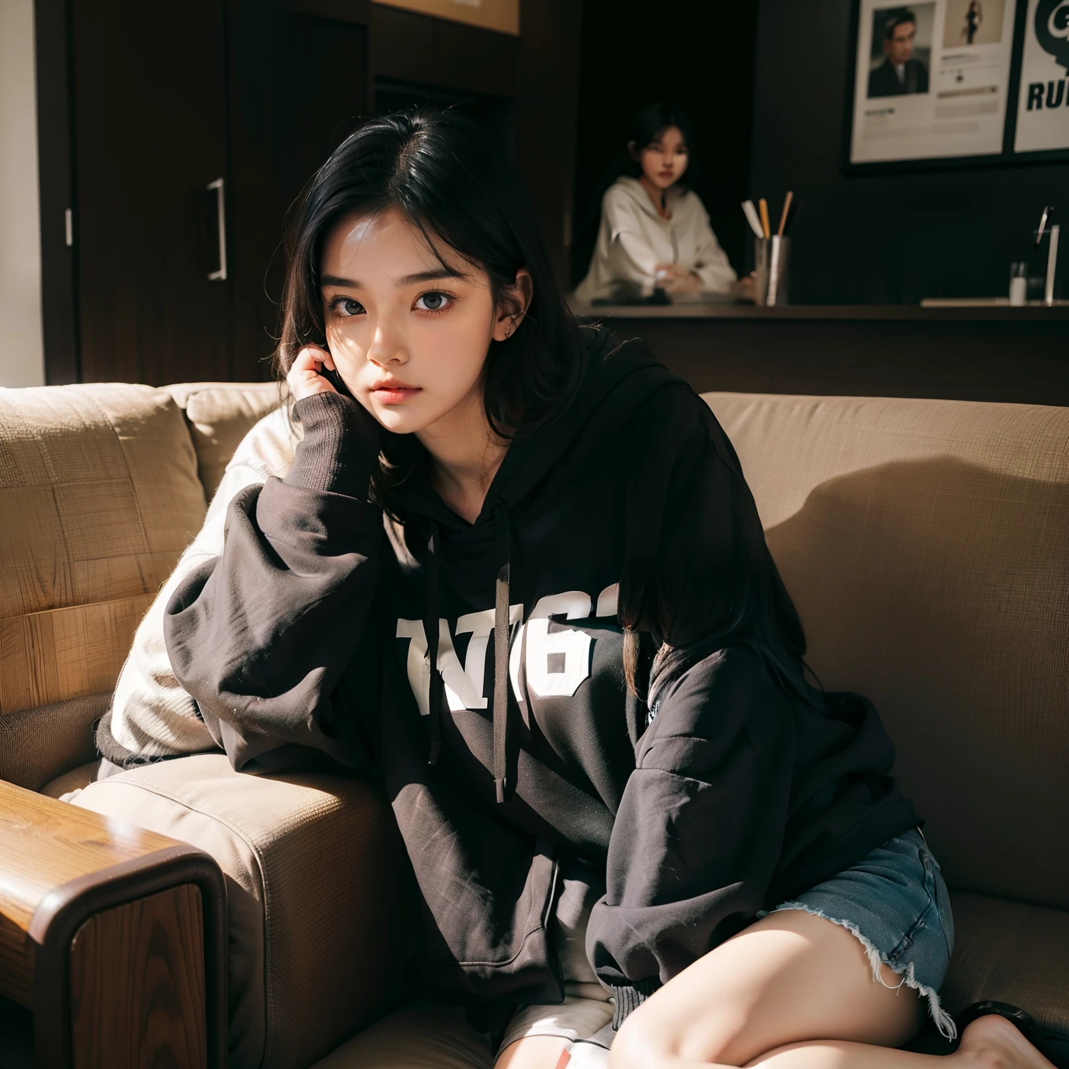 Beautiful girl with a round face and trimmed black hair, A girl sits across from a man, The girl speaks emotionally, The girl gesticulates with her hands, Girl in an oversized hoodie and shorts, Girl sitting on the couch, The man is dressed in a shirt and tie, Girl Eye color black Without accessories Mid-plan on the side