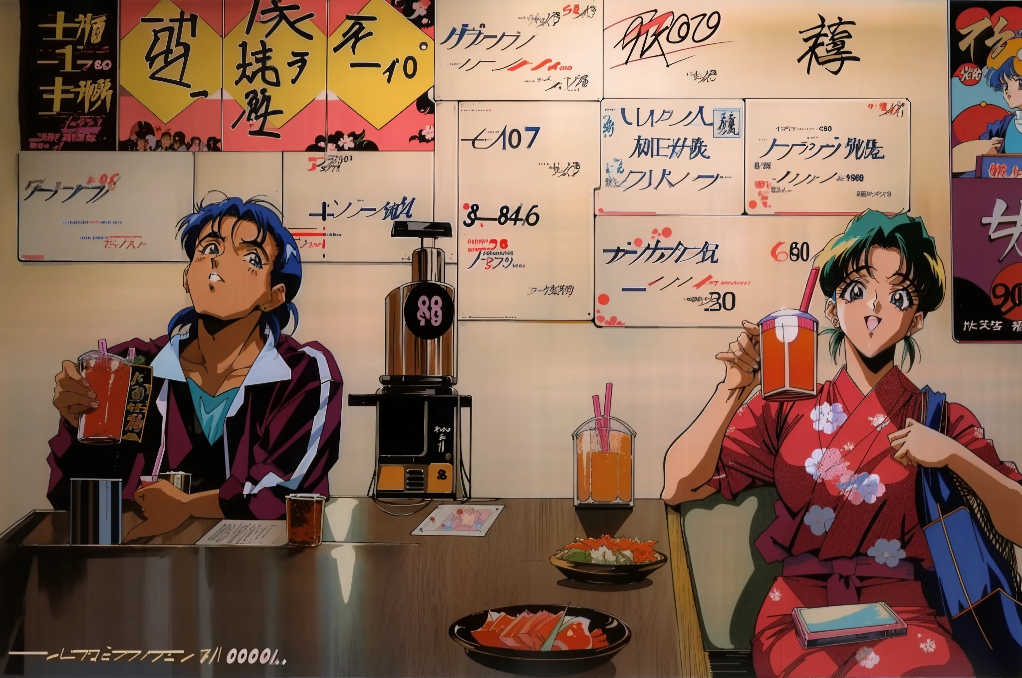 Anime scene, there are two people sitting at a table with drinks and a sign, tokyo izakaya scene,8 0 s anime vibe, 8 0 s anime art style, in the art style of 8 0 s anime, 9 0 s anime aesthetic, retro anime girl, 1980's anime style, 9 0 s anime art style, 8 0 s anime style, an retro anime image