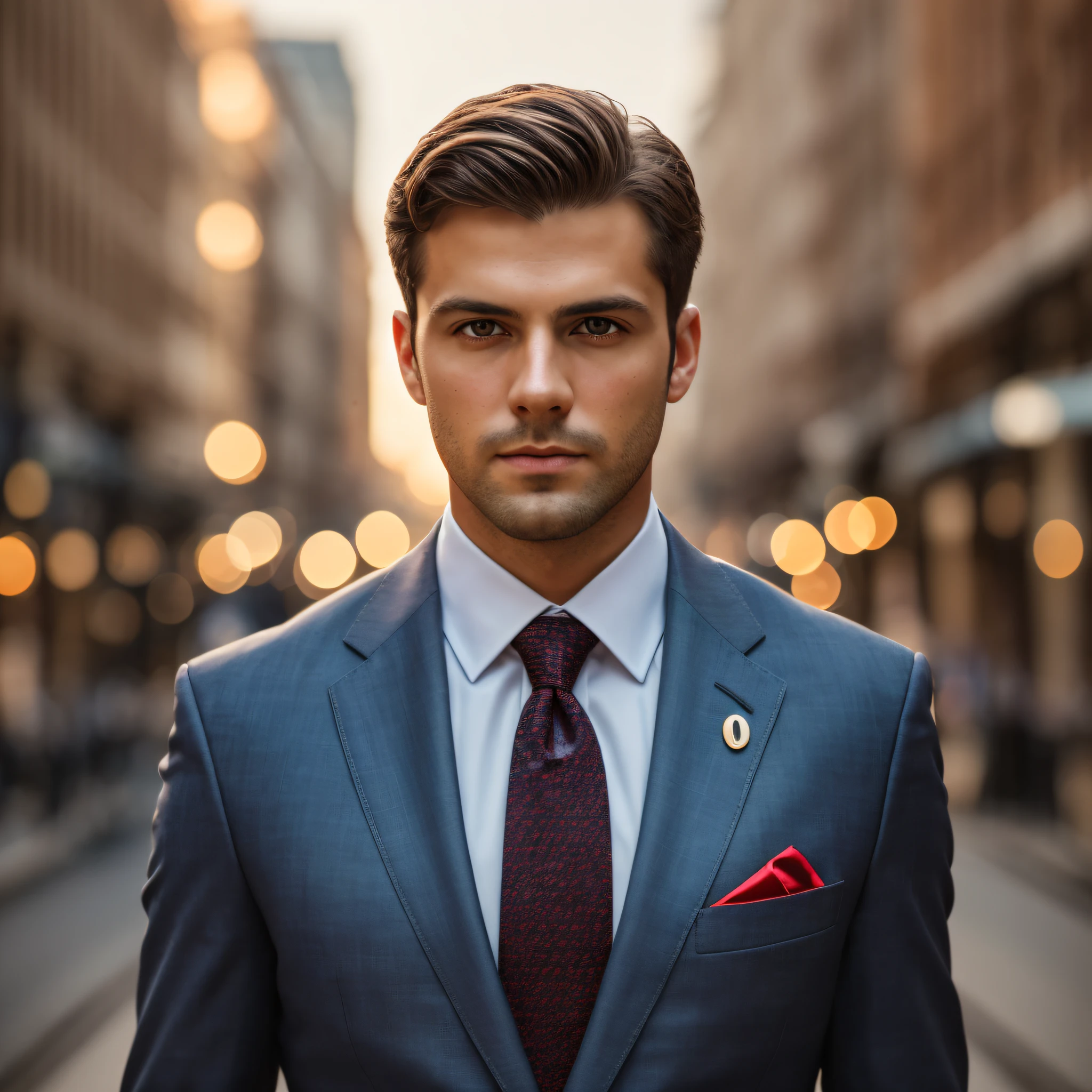a Man standing with 30 years in suit and tie, body and head straight in the photo, DSRL, facing the viewer of the photo, eyes fixed to the lens, appears shoulders and head in the photo, man centered in the photo, 8k, best quality, masterpiece, realistic, realistic photo, movie photo, ultra realistic, 1 person, detailed,  Perfect lighting, DSRL, professional photo, 4k