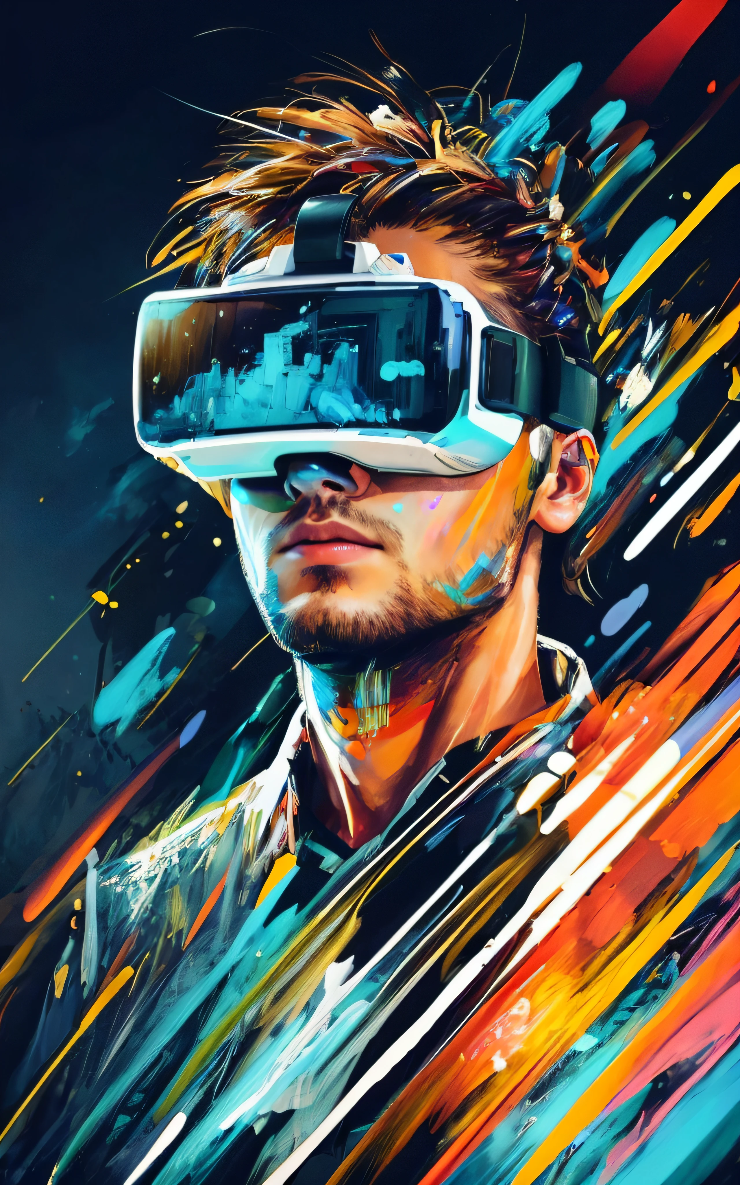 uma pintura de um homem usando um fone de ouvido de realidade virtual, 3 d ar vr arte, Arte Digital 4K, arte digital 4k, Arte Digital 4K, 3d arte digital 4k, pintura digital 4k, Arte digital detalhada em 4k, Arte digital altamente detalhada em 4k, HD 4K Arte Digital, Obra-prima da arte digital, arte digital pintada