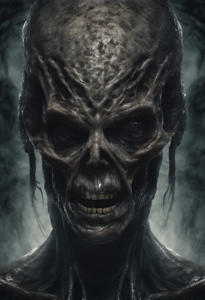 Photographic still of an alien, translucent skin, teeth dripping,, veins showing beneath it's skin, dark, onimous