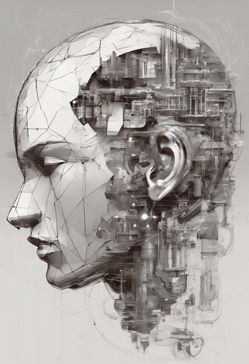 The human head consists of simple geometric shapes,square shapes,round form,spherical body、square shapes,Graphic illustration,closeup cleavage,In fantastic installation style,Realistic and imaginative,hang/hang,Multi-layered collage,metals、highlight,Radial