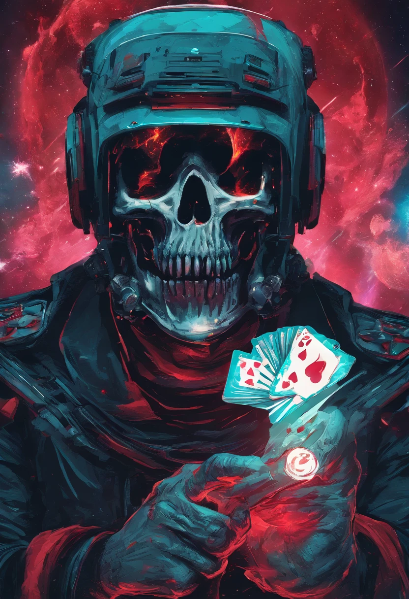 a man with a skull face holding cards with flames in his hands, in the style of dark cyan and red, illustrative realism, gamercore, mysterious backdrops, 32k uhd, ferrania p30, vibrant realism