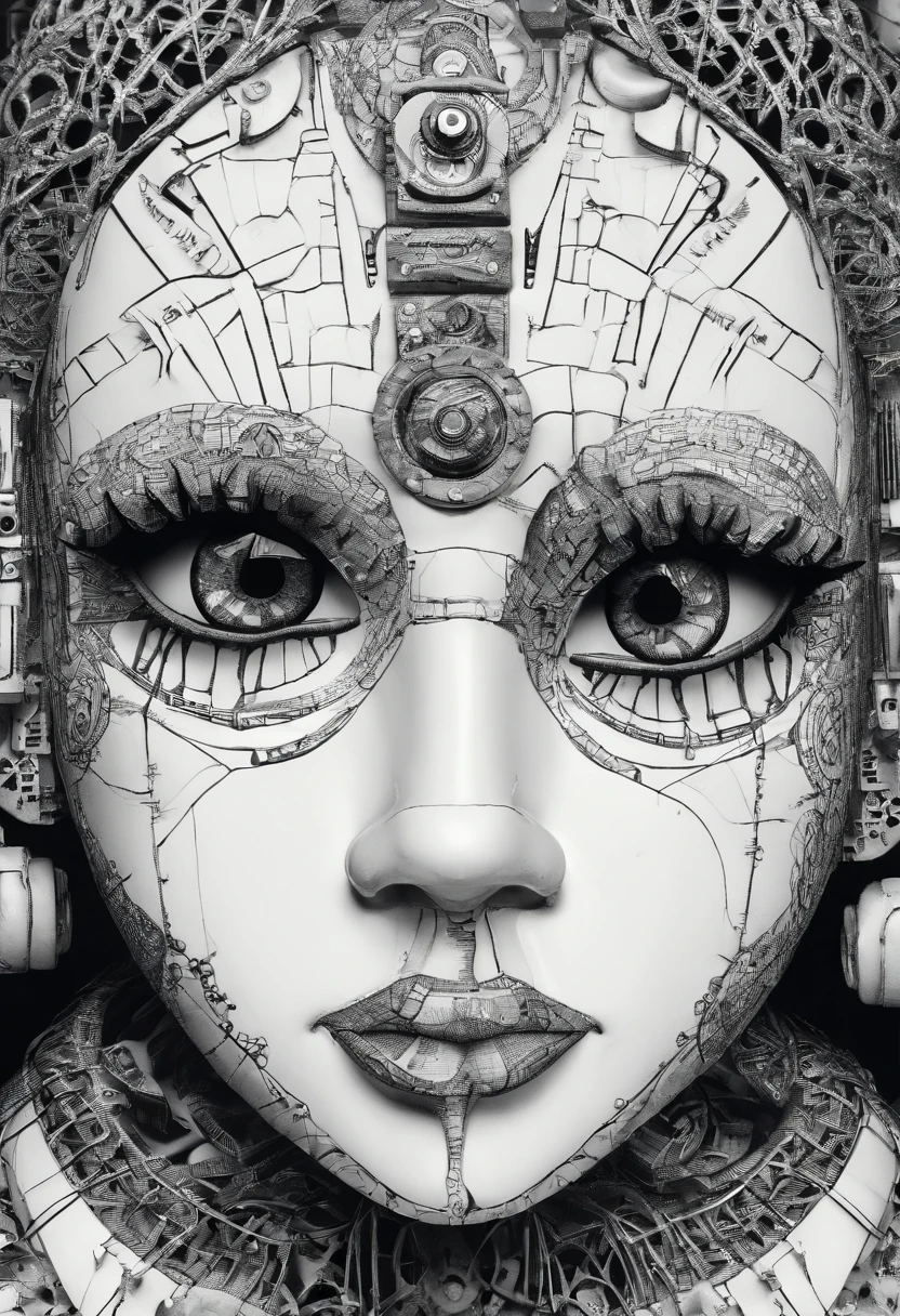 closeup dramatic face of abandoned roboarmillary doll in the old shop, photography nostalgic