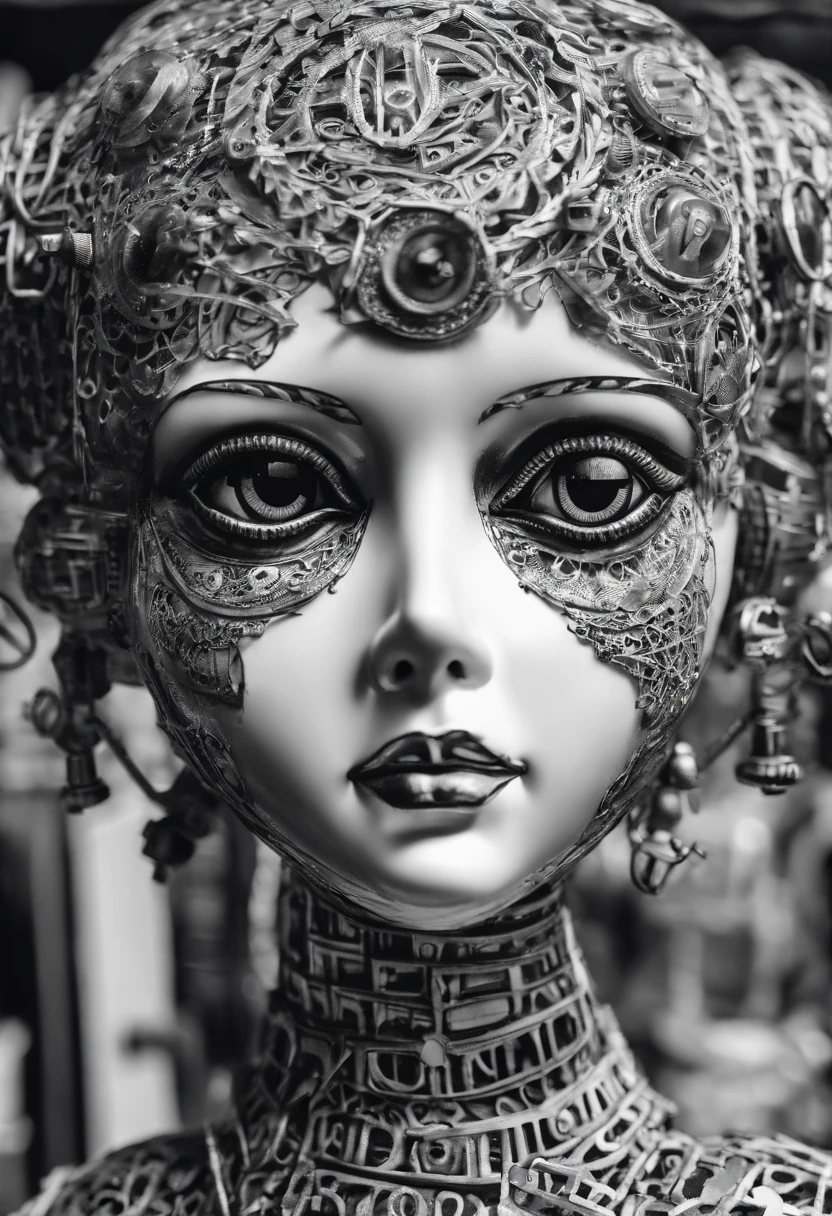 closeup dramatic face of abandoned roboarmillary doll in the old shop, photography nostalgic