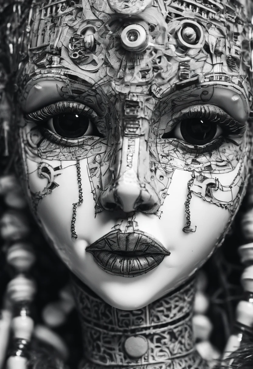closeup dramatic face of abandoned roboarmillary doll in the old shop, photography nostalgic
