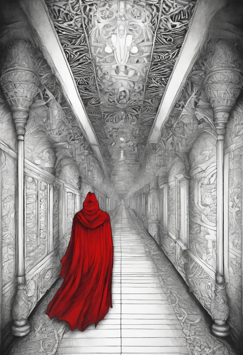 Mysterious man in a solid red cape walking in a corridor