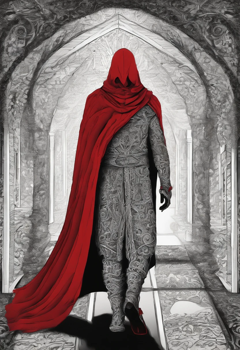 Mysterious man in a solid red cape walking in a corridor