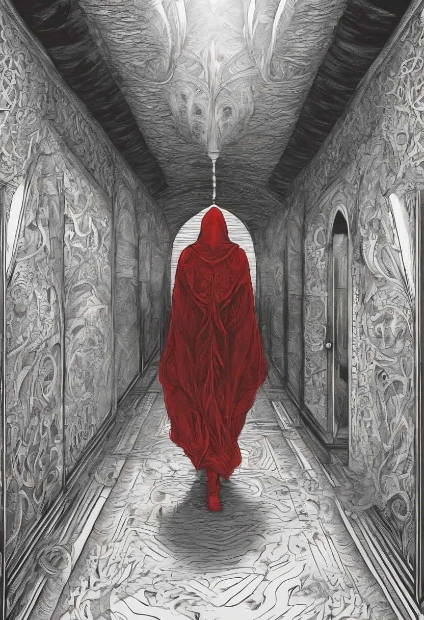 Mysterious man in a solid red cape walking in a corridor